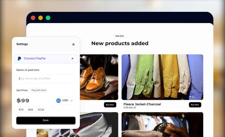Ecommerce website editor showing product listings and payment configuration