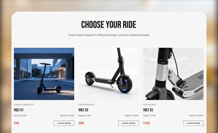 Product comparison section showcasing multiple models with pricing and specifications