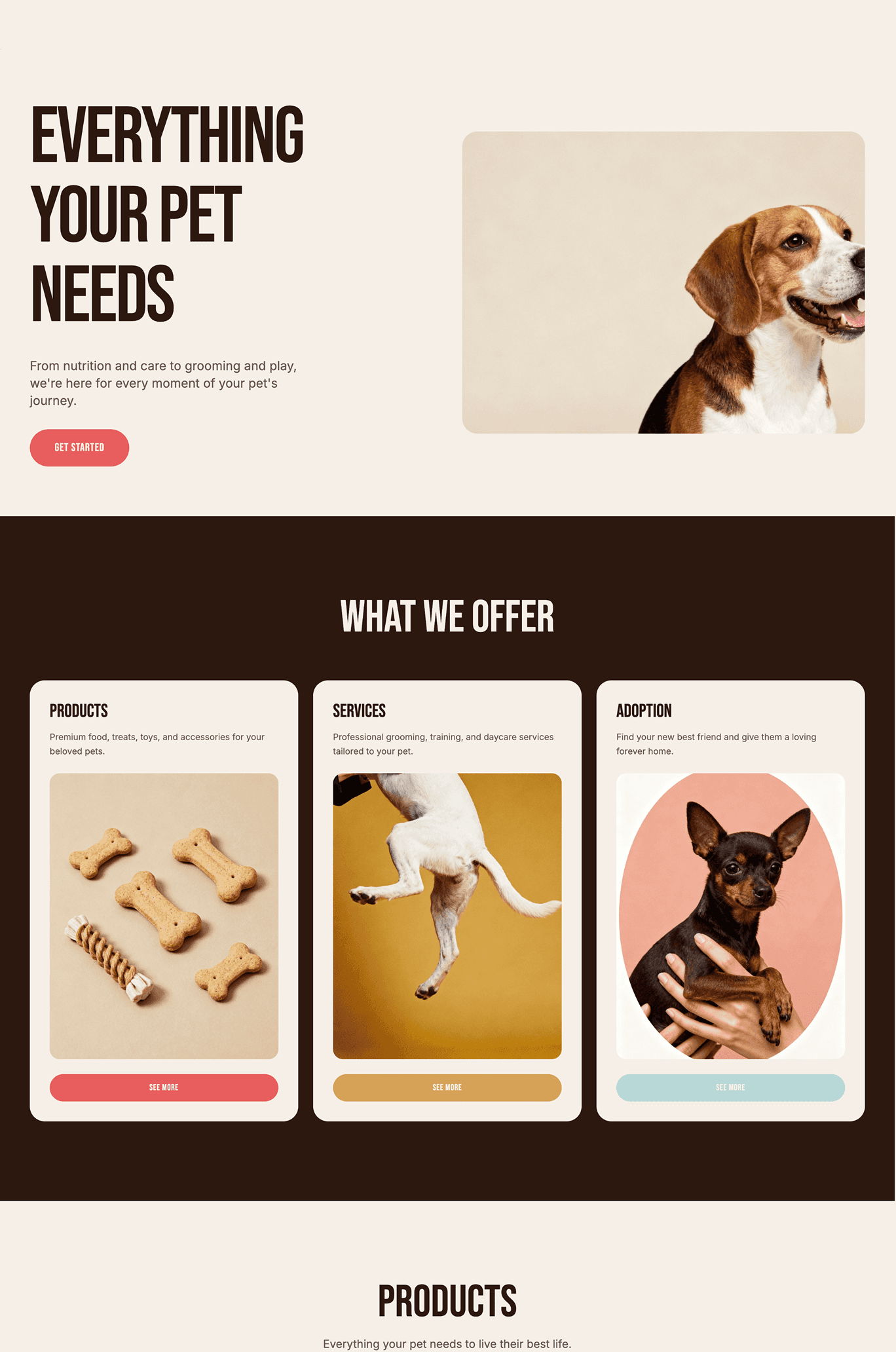 generate a pet website with deep brown color in Wegic